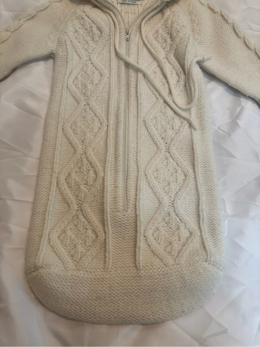 Vintage Cream Cable Knit Hooded Baby Bunting zip up one piece coat